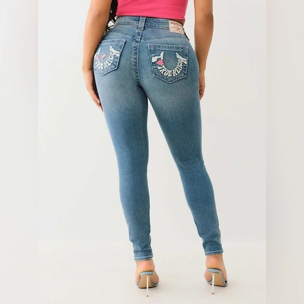 True Religion Jeans Jennie Curvy Mid Rise Super Skinny Embroidered Pockets 29
